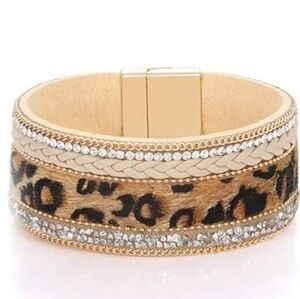 Leopard Print Magnetic Bracelet Leather Braid, Rhinestones, Faux Fur, Gold Beads